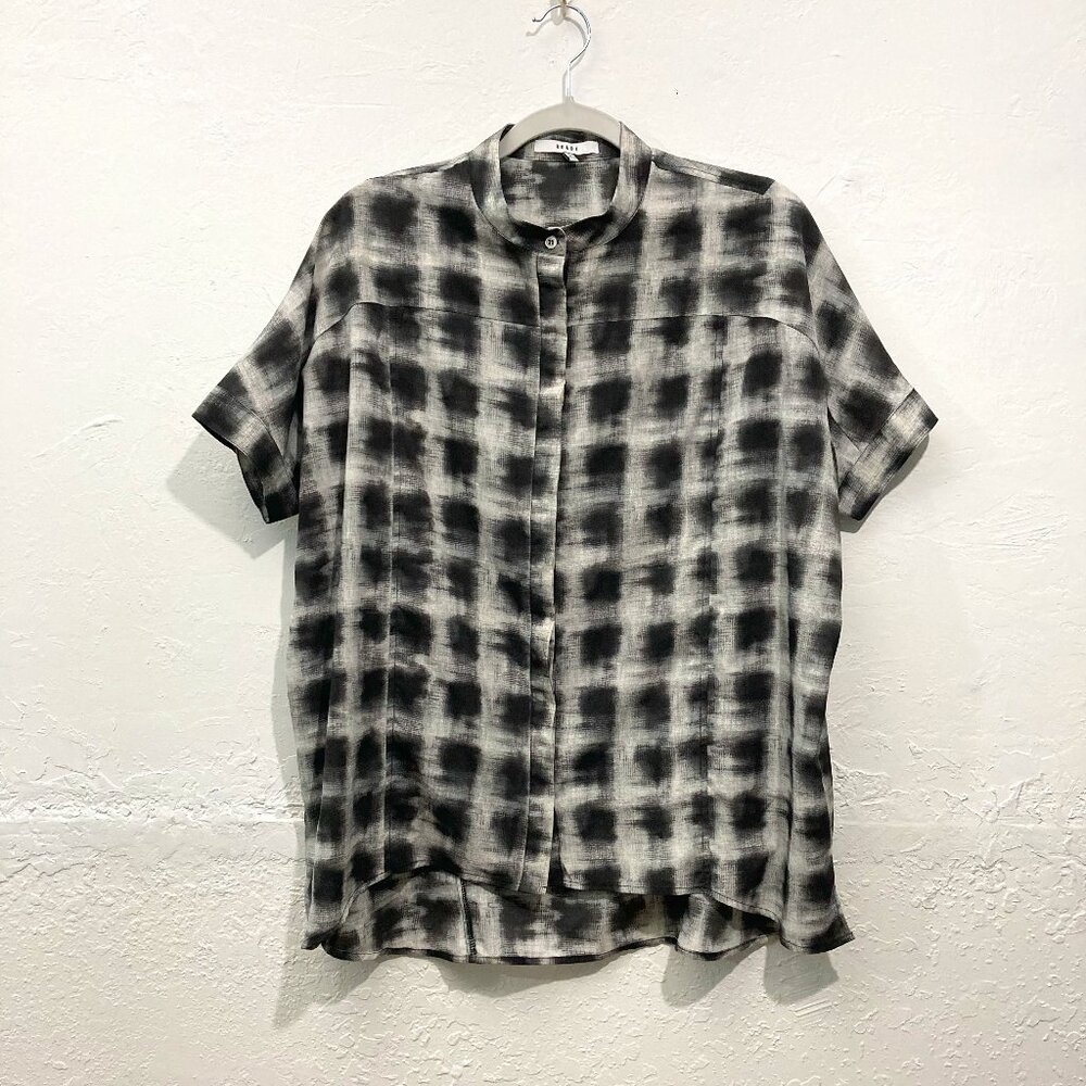 Ro & De Anthropologie Button Up Shirt Top Cap Sleeve Abstract Black Gray M